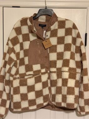 Blu Pepper Brown & Cream Checkerboard Teddy Jacket
